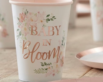 8 Rose Gold Baby in Bloom Cups, Baby Shower Paper Cups, Rose Gold Cups, Baby Shower Tableware, Neutral Baby Shower, Gender Reveal Party