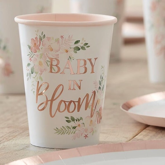 8 Rose Gold Baby in Bloom Cups, Baby Shower Paper Cups, Rose Gold