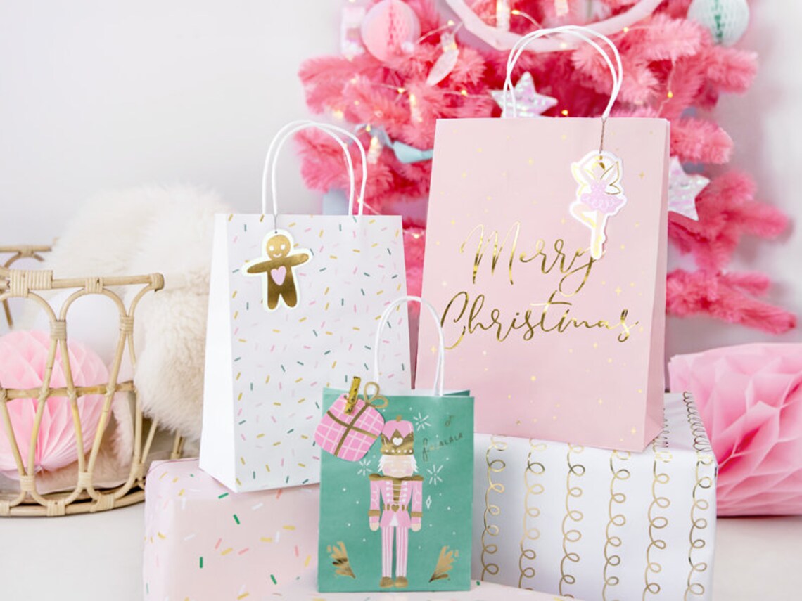 Pink Gold Gift Bags Christmas Gift Bags Christmas Gift Wrap | Etsy UK