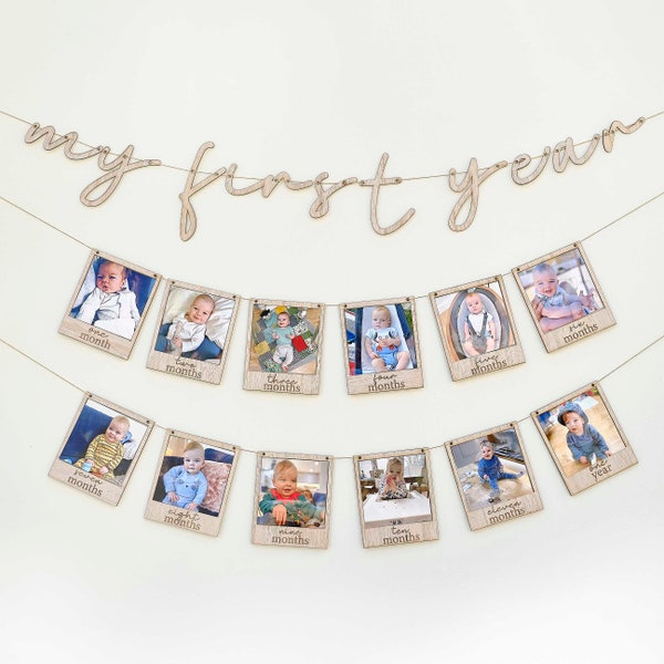 My First Year Wooden Baby Photo Bunting, 1st Birthday Bunting, 1st Birthday Garland, Party Backdrop, Neutral Party Decorations