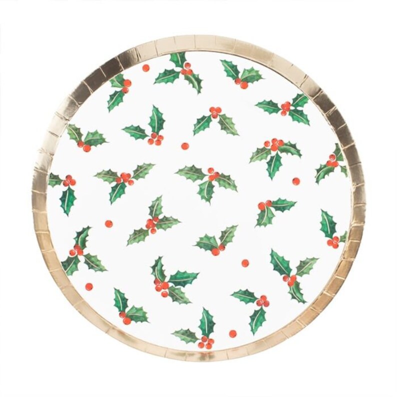 8 Holly Gold Christmas Paper Plates Christmas Decorations Christmas Holly Christmas Dinner Plates Green Gold Christmas Party Plates