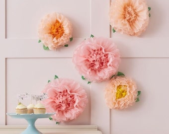 5 Blush Pink Peach Tissue Flowers, Birthday Decorations, Afternoon Tea Party Decorations, Flower Decorations,