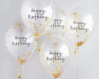 5 Gold Happy Birthday Confetti Balloons, Gold Party Balloons, Birthday Balloons, Birthday Party Balloons