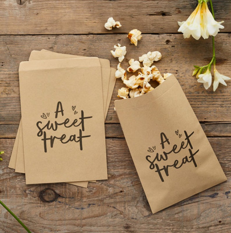 20 Sweet Treat Bags, Party Bags, Rustic Wedding Black Script Party Bags, Kraft Bags, Treat Favour Bags, Treat Gift Bags image 1