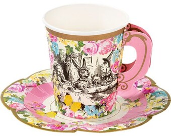 12 Alice in Wonderland Party Tea Cups, Birthday Cups, Birthday Party Tableware, Baby Shower Cups, Alice in Wonderland Cups and Saucers
