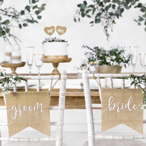 Hessian Bride & Groom Chair Signs, Mr and Mrs Decorations, Wedding Venue Decorations, Wedding Decorations, Rustic Top Table Decor, Signs image 1