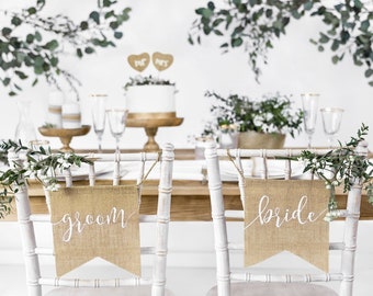 Hessian Bride & Groom Chair Signs, Mr and Mrs Decorations, Wedding Venue Decorations, Wedding Decorations, Rustic Top Table Decor, Signs