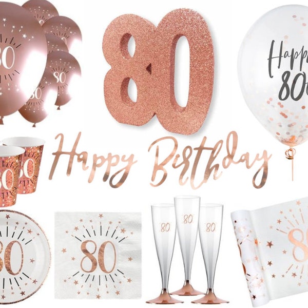 Rose Gold 80th Birthday Decorations, 80th Party Tableware, Rose Gold Birthday Decoration, Rose Gold Party Tableware