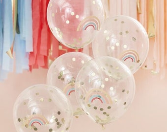 5 Gold Rainbow Confetti Balloons, Clear Balloons, Neutral Baby Shower, Birthday Party Balloons, Wedding Decor, Hen Party, Tea Party