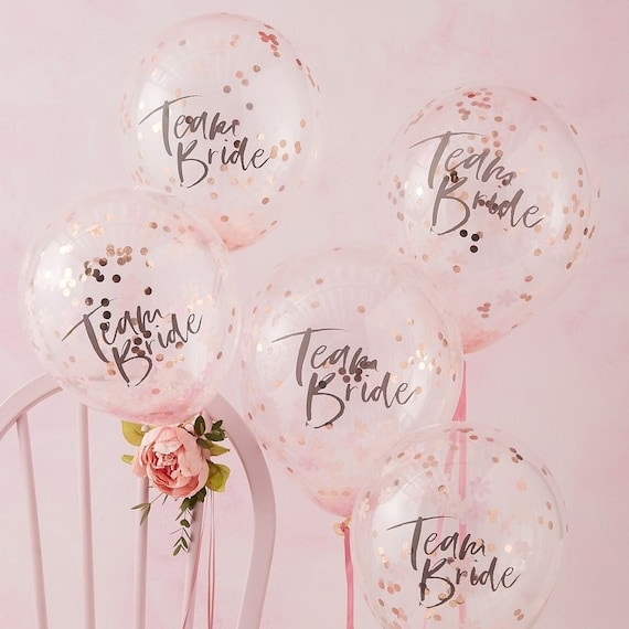 5 Hen Party Team Bride Confetti Balloons Pink and Rose Gold