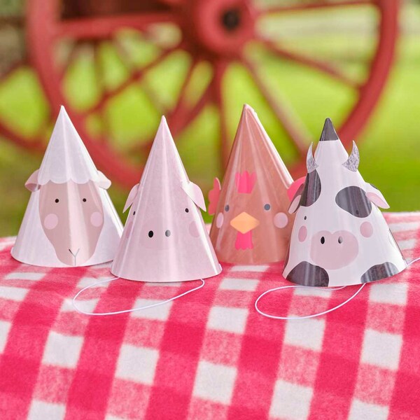 8 chapeaux de fête d'anniversaire d'animaux de ferme, décorations d'animaux de ferme de fête d'anniversaire pour enfants, décorations de fête de ferme