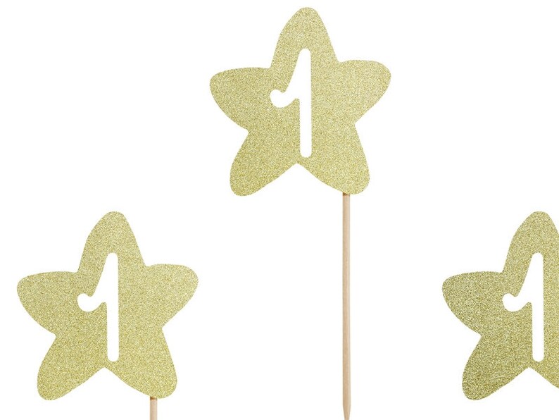 6 Gold Star 1st Birthday Cupcake Toppers Gold Glitter Cake Etsy UK