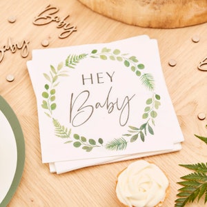 16 Hey Baby Shower Napkins, Greenery Baby Shower Napkins, Gender Reveal Party, New Arrival, Botanical Baby Shower, New Baby Party Tableware