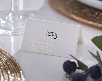 10 White Gold Merry Christmas Place Cards, Gold Decorations, Winter Wedding Table Place Cards, Party Place Cards, Rustic Christmas,