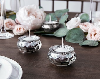 Silver Glass Tea Light Holder, Rustic Wedding Decorations, Candle Holders, Venue Decorations, Golden Wedding