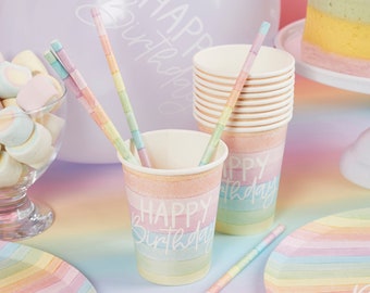 8 tasses de fête d’anniversaire arc-en-ciel pastel, décorations d’anniversaire arc-en-ciel pastel, gobelets en papier arc-en-ciel, gobelets de fête d’anniversaire,