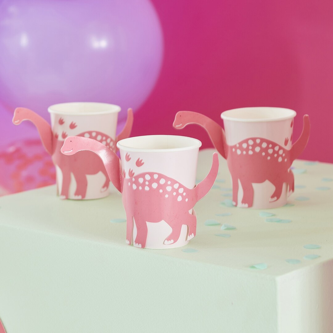 8 Pink Dinosaur Cups, Birthday Party Cups, Pink Dinosaur Party