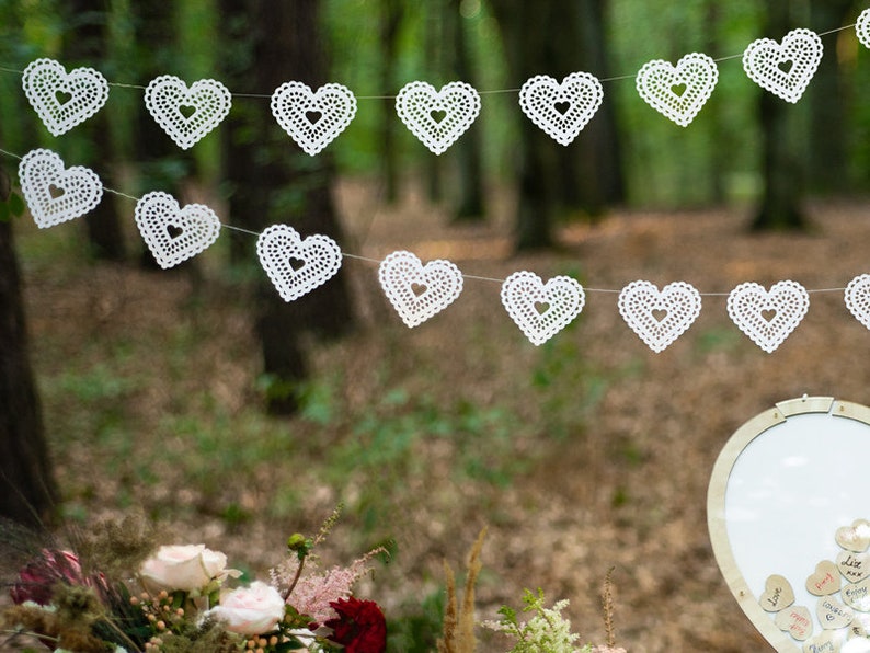 White Paper Heart Garland, Rustic Wedding, Wedding Decorations, Wedding Accessories, White Decorations image 1