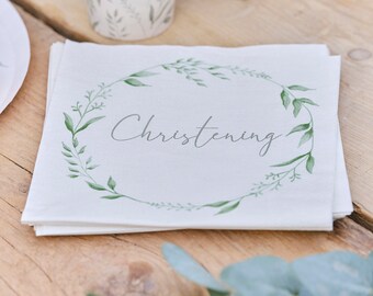 16 White Green Christening Paper Napkins, Christening Party Decorations, Botanical Party Decorations