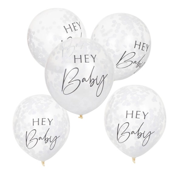 5 coriandoli bianchi palloncini Hey Baby, Baby Shower, Baby Shower neutro,  Palloncini per feste, Decorazioni per baby shower, Festa per neonati,  Rivelazione di genere -  Italia