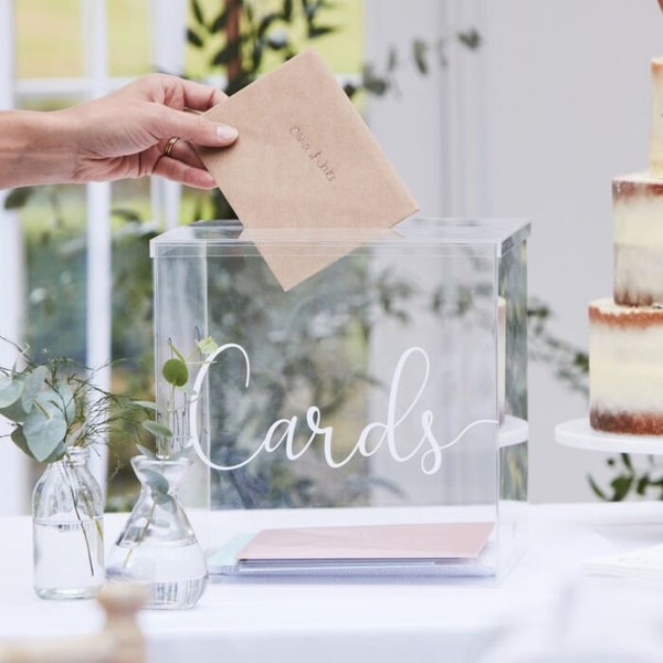 Clear Acrylic Wedding Post Box, Wedding Cards Box, Party Cards Box, Rustic Wedding Decorations, White Script Post Box, Baby Shower Cards Box