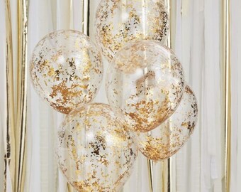 5 Gold Confetti Balloons, Clear Balloons, Gold Baby Shower, Hen Party Balloons, Gold Wedding Decor, Girl, Boy, Birthday Party Balloons