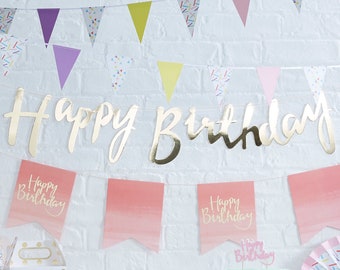 Gold Happy Birthday Banner, Gold Birthday Bunting, Gold Birthday Party Decorations, Script Bunting, Gold Garland