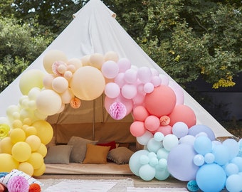 Rainbow Balloon Arch with Honeycombs, Birthday Party Decorations, Rainbow Balloon Garland