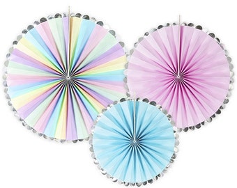 3 pastelkleurige regenboogpapierfans, eenhoornpapierfans, meisjesverjaardagsfeestjedecoraties, pasteldecoraties, meisjesbabyshowerdecor