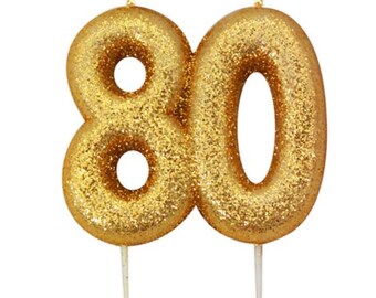 Vela de brillo de oro número 80, vela de oro del 80 cumpleaños, vela de pastel de cumpleaños, decoraciones de oro, fiesta del 80 aniversario de bodas