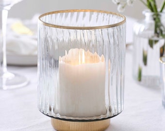 Gold Ribbed Glass Hurricane Candle Holder, Wedding Decorations, Candle Holders, Venue Decorations, Christmas Decorations, Table Decorations