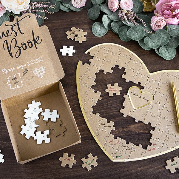 Jigsaw Puzzle - Guest Book Alternative, Wedding GuestBook, Hen Party Bridal Guestbook, Baby Shower Wishing Jar, Copper Lid and Wooden Hearts
