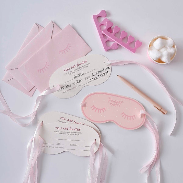 Eye Mask Pamper Party Invitations, Birthday Party, Pink Birthday Party, Pamper Decorations, Eye Mask Invitations, Pink Invitations