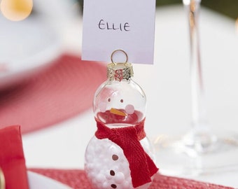 6 Christmas Snowman Place Card Holders, Christmas Place Cards, Table PlaceCards, Snowman Bauble Party Decorations 6pk