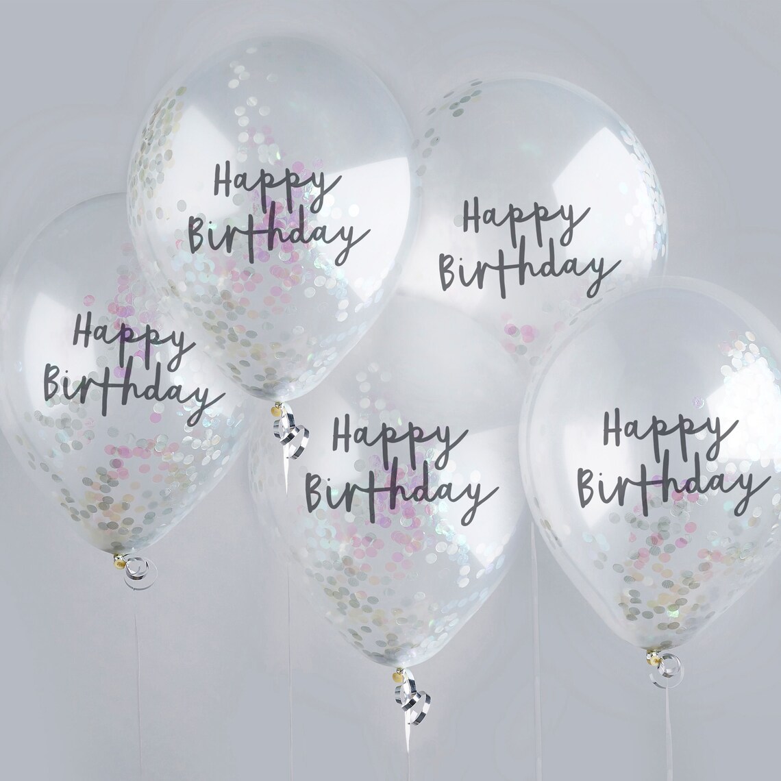 5 Silver Happy Birthday Confetti Balloons Iridescent Silver Etsy