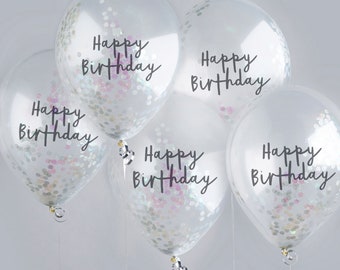 5 Silver Happy Birthday Confetti Balloons, Iridescent Silver Party Balloons, Birthday Balloons, Birthday Party Balloons