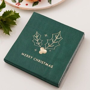 16 Holly Cocktail Christmas Napkins, Green Gold Christmas Party Napkins, Christmas Decorations, Christmas Dinner Napkins, Christmas Holly
