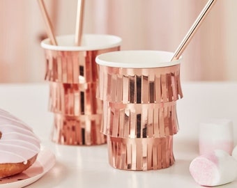 8 Rose Gold Fringe Cups, Hen Party Cups, Birthday Party Cups, Rose Gold Baby Shower Cups, Wedding Paper Cups, Hen Party Cups, Rose Gold Cups