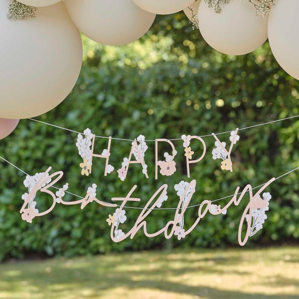 Floral Happy Birthday Bunting, Pink Birthday Decorations, Pink Birthday Party Decorations, Script Bunting, Happy Birthday Party Backdrop