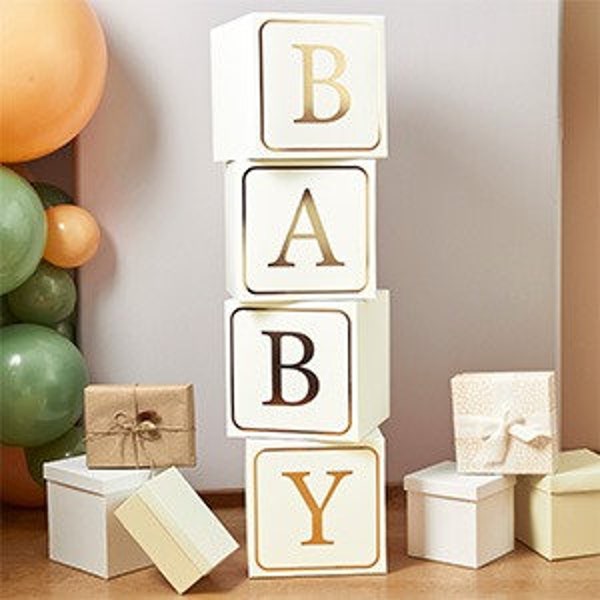 Gold White Baby Shower Blocks, Neutral Baby Shower Decorations, Gender Reveal Decorations, Botanical Baby Shower Building Blocks