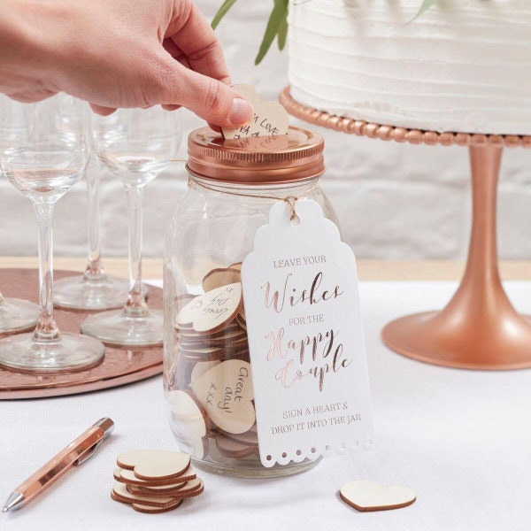 Wishing Jar - Guest Book Alternative, Wedding Wishing Jar, Hen Party Bridal Guestbook, Baby Shower Wishing Jar, Copper Lid and Wooden Hearts