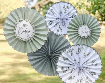 5 Baby Shower Fan Decorations, Sage Green Neutral Baby Shower Decor, New Baby Party, Botanical Baby Shower, Girl, Boy, Gender Reveal Ideas