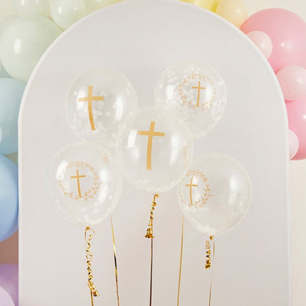 5 12" Gold Cross Balloons, Christening Party Decorations, Gold Confirmation Celebration Decorations,