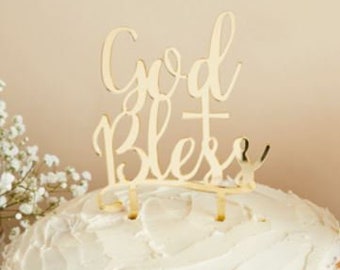 Gold God Bless Cake Topper, First Communion Cake Topper, Wedding Cake Decoration, Christening Cake Decorations, Confirmation Decorations,