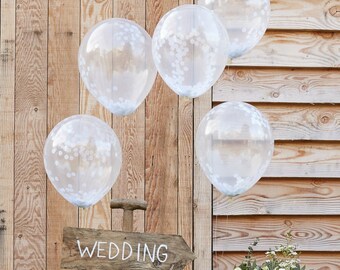 5 White Confetti Balloons, Clear Balloons, Neutral  Baby Shower, Hen Party, Christmas, Party, Wedding Balloons, White Party Decorations