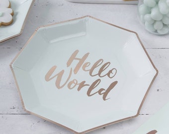 8 Mint & Rose Gold Hello World Plates, Baby Shower Plates, Neutral Baby Shower, Gender Reveal, New Baby Party, New Arrival, Girl, Boy