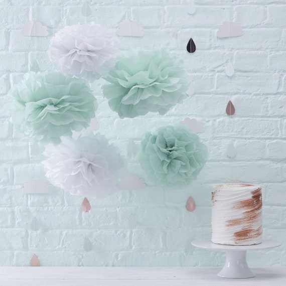5 Mint And White Pom Poms Baby Shower Decorations Gender Etsy