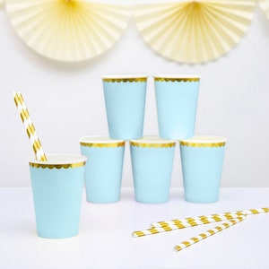 6 Light Blue Gold Party Cups, Birthday Party Cups, Wedding Party Cups, Anniversary Party, Engagement Party, Birthday Party Decorations image 1