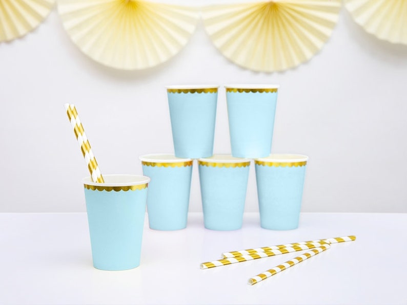 6 Light Blue Gold Party Cups, Birthday Party Cups, Wedding Party Cups, Anniversary Party, Engagement Party, Birthday Party Decorations image 1