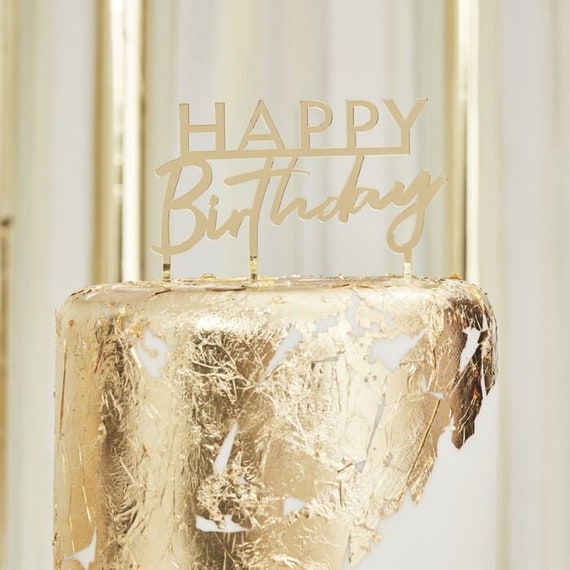 Gold Happy Birthday Cake Topper, Gold Birthday Cake Topper, Gold